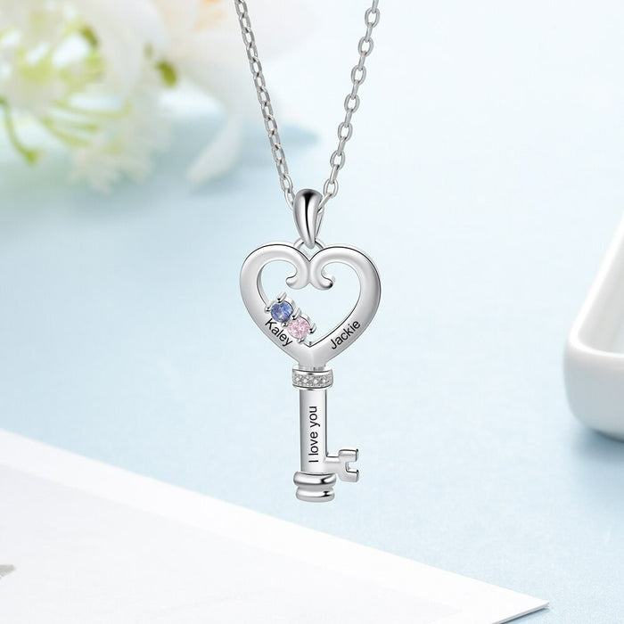 Personalized Key 2 Stones 2 Names Necklace