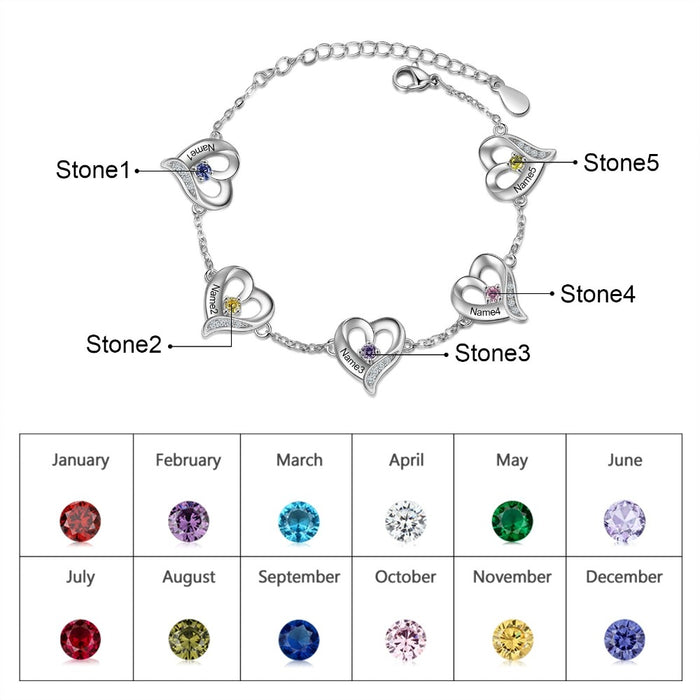 Personalized Cordate Charm Bracelets With 1 Birthstone