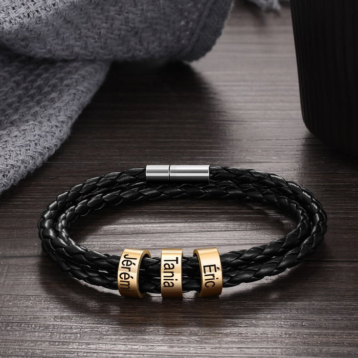 Personalized Multilayer 3 Names Leather Bracelet