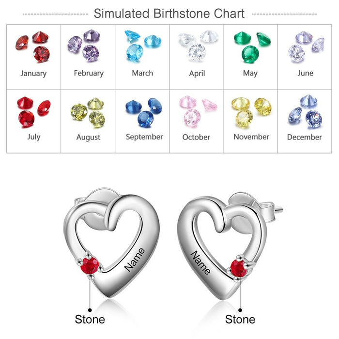 Personalized 1 Name 1 Stone Engraved Heart Stud Earrings