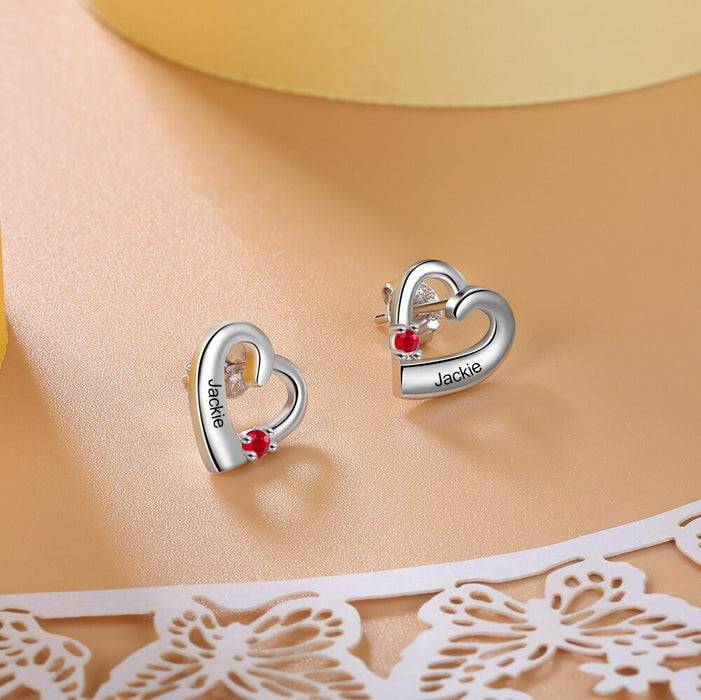 Personalized 1 Name 1 Stone Engraved Heart Stud Earrings