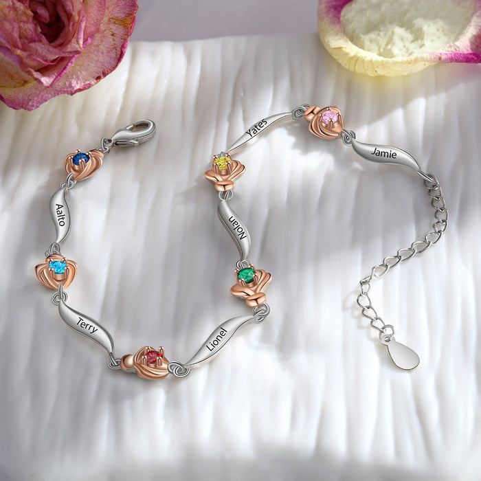 Customized 6 Birthstone Rose Flower Bracelet For Women