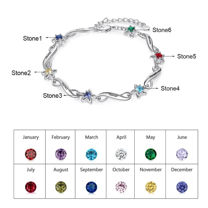 Personalized 6 Birthstones And 6 Names Flower Bracelets For Women