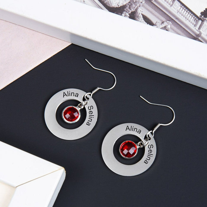 Personalized 2 Names 1 Stone Circle Earrings