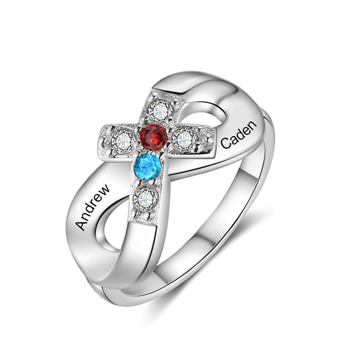Infinity & Cross Customized 2 Birthstone Ring for Women