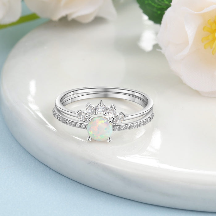 Sterling Silver Crown Rings With Round White Opal