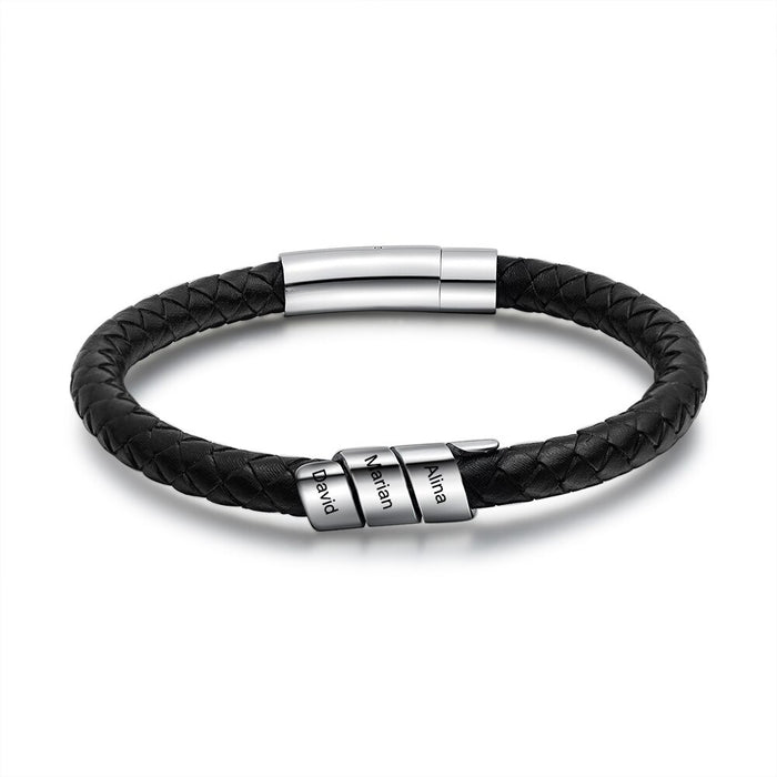 Stainless Steel 3 Names Customized Black Leather Bracelet