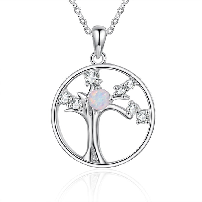 Tree of Life Round Pendant Necklace With Opal Stone