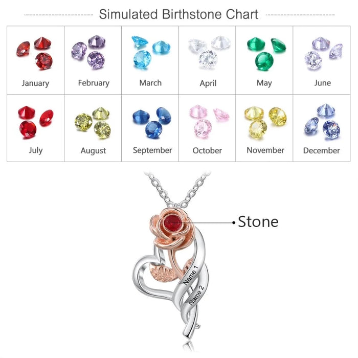 Personalized 2 Names 1 Birthstone Rose Flower Pendant