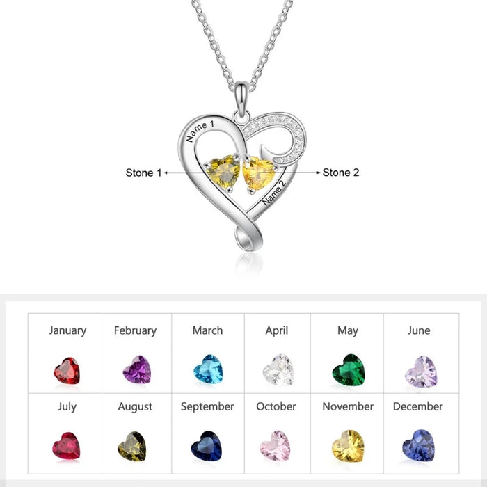 Customized Couple 2 Names 2 Birthstones Engraved Necklace