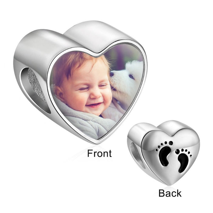 Baby Feet Heart Charms Beads 1 Photo Necklace