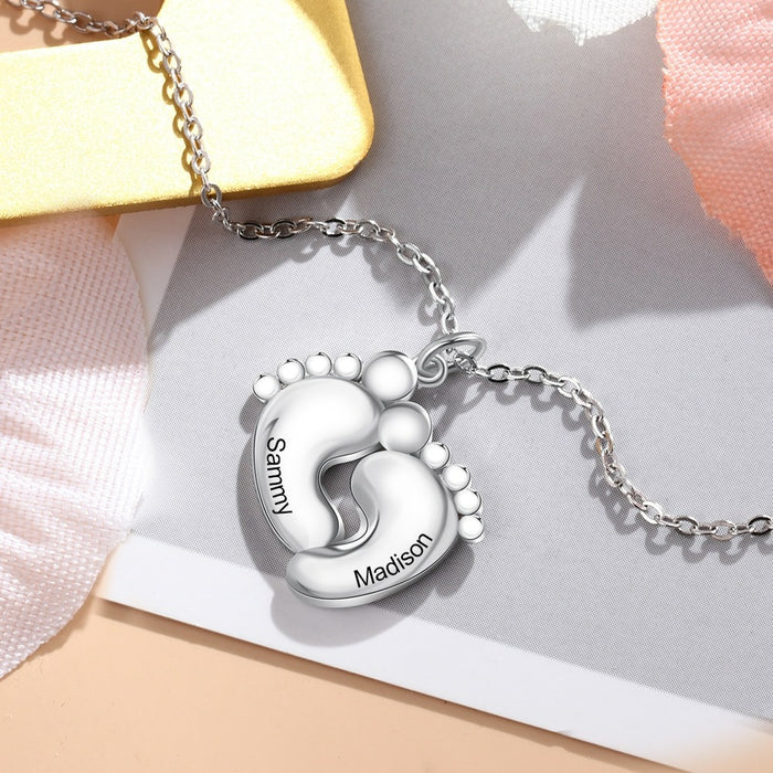 Personalized Baby Footprint 2 Names Engraved Necklace