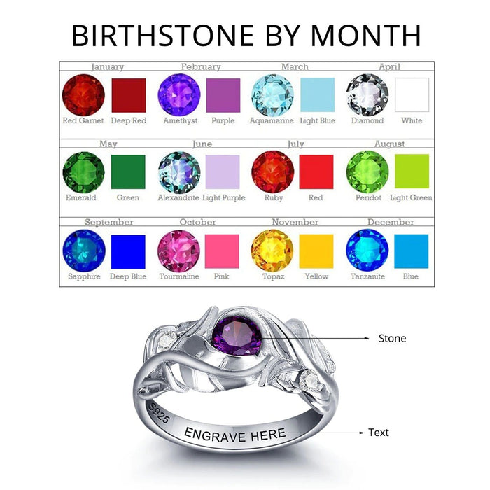 Personalized Engrave Birthstone Leaf Ring