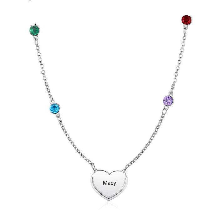 Personalized Engraved 4 Stones 1 Name Heart Necklace
