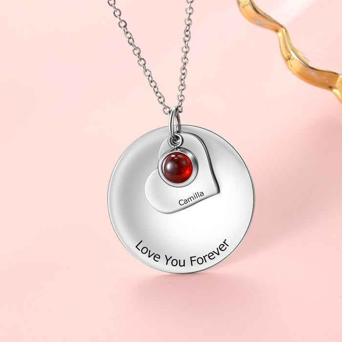 Personalized Engraved 1 Stone 1 Name Round Disc Pendant
