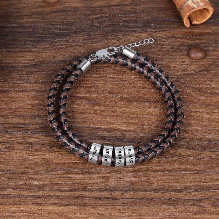 Personalized 4 Names Engraving Braided Leather Bracelet