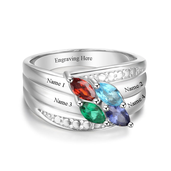 Sterling Silver 4 Names Birthstone Ring