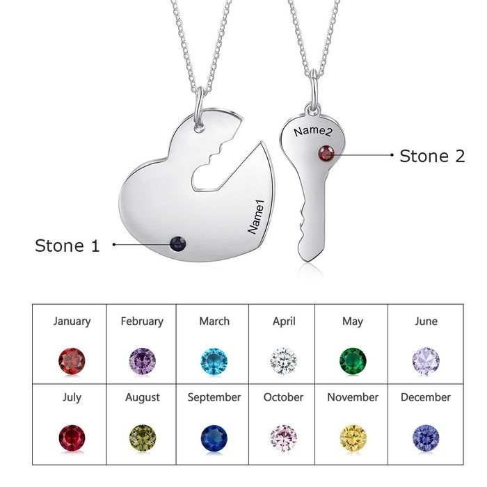Personalized 2 Names 2 Stones Key & Heart Necklace