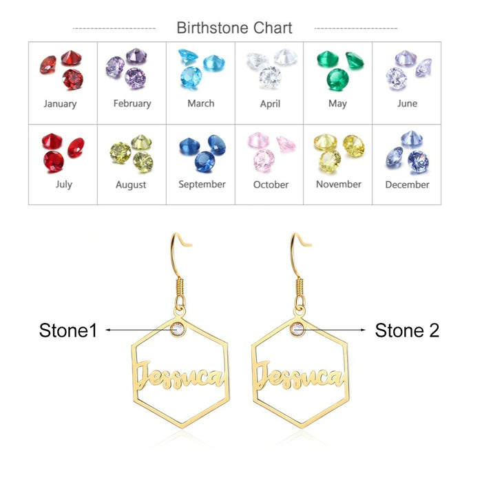 Personalized 1 Name And 2 Stones Hexagon Earrings