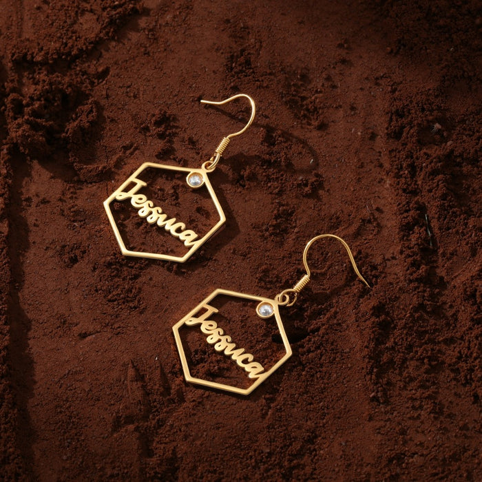 Personalized 1 Name And 2 Stones Hexagon Earrings