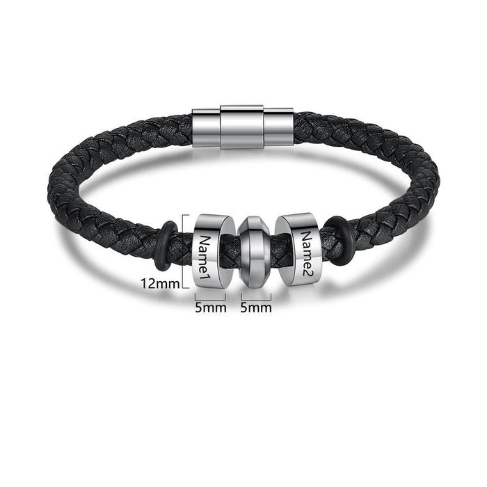 Personalized Black Leather Bracelets With 2 Custom Name Beads