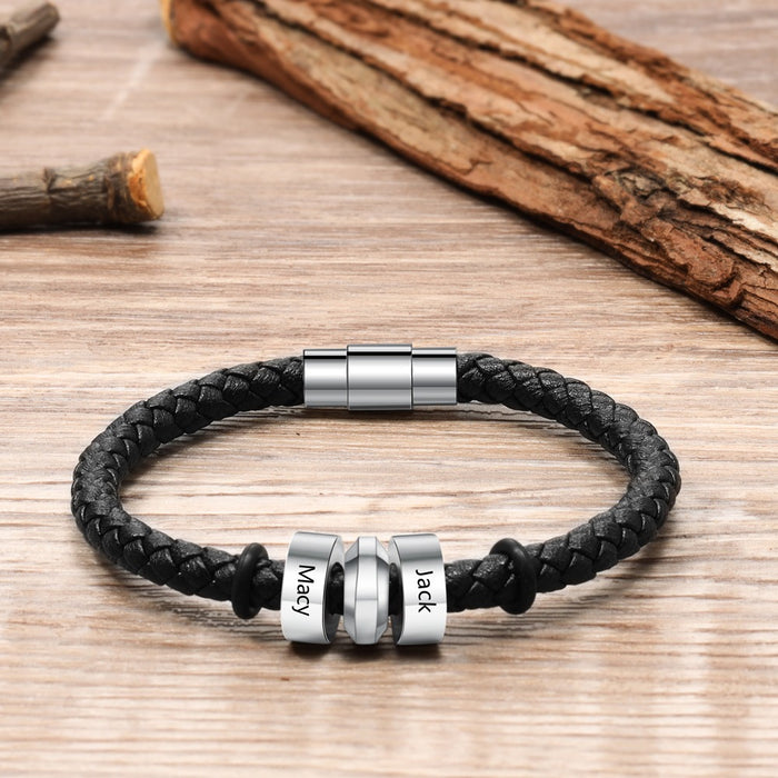 Personalized Black Leather Bracelets With 2 Custom Name Beads