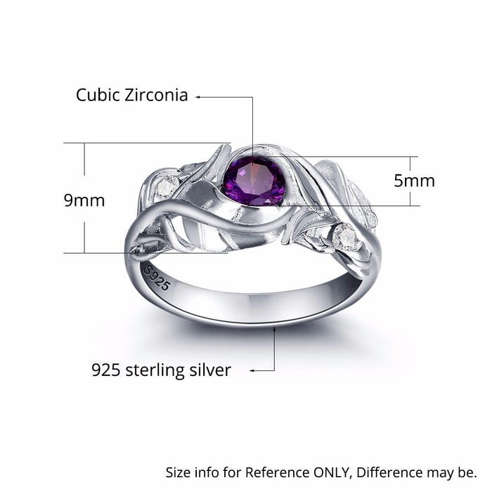 Personalized Engrave Birthstone Trendy Leaf 925 Sterling Silver Cubic Zirconia Engagement Ring