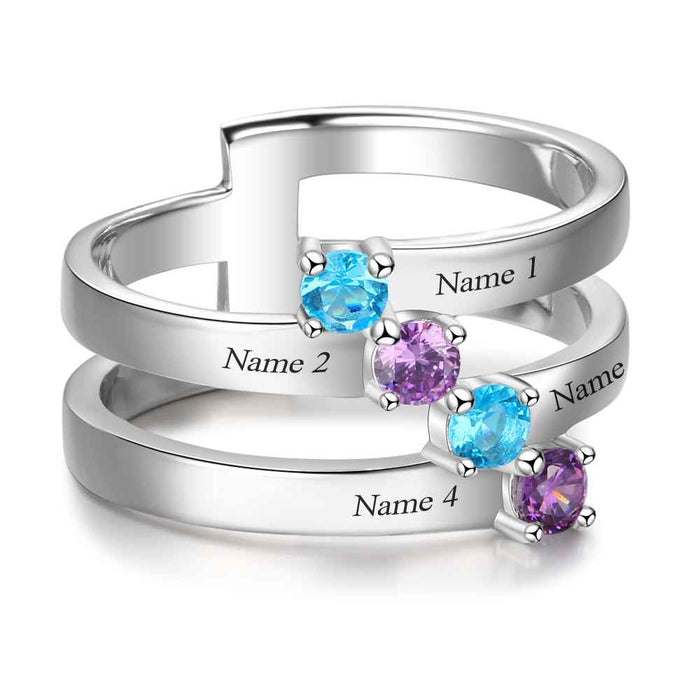Personalized Gift for Family Engrave 4 Names Childrens Birthstone Promise Rings 925 Sterling Silver Jewelry