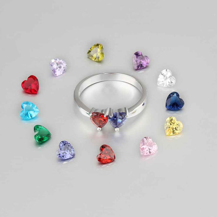 Double Heart Personalized Ring Custom Engrave Names & Birthstone Promise Rings 925 Sterling Silver Jewelry