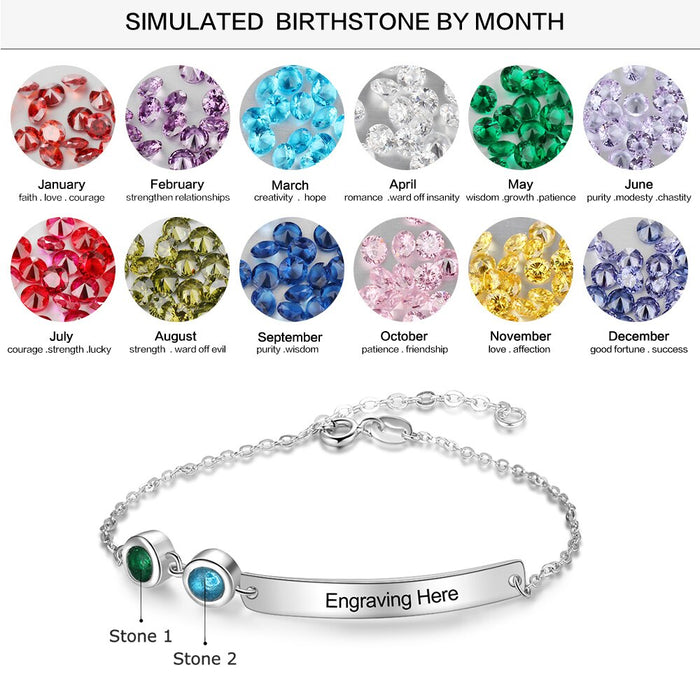 Personalized Bar Bracelets & Bangles with 2 Birthstones Custom Engraved NamePlate Bracelets for Women