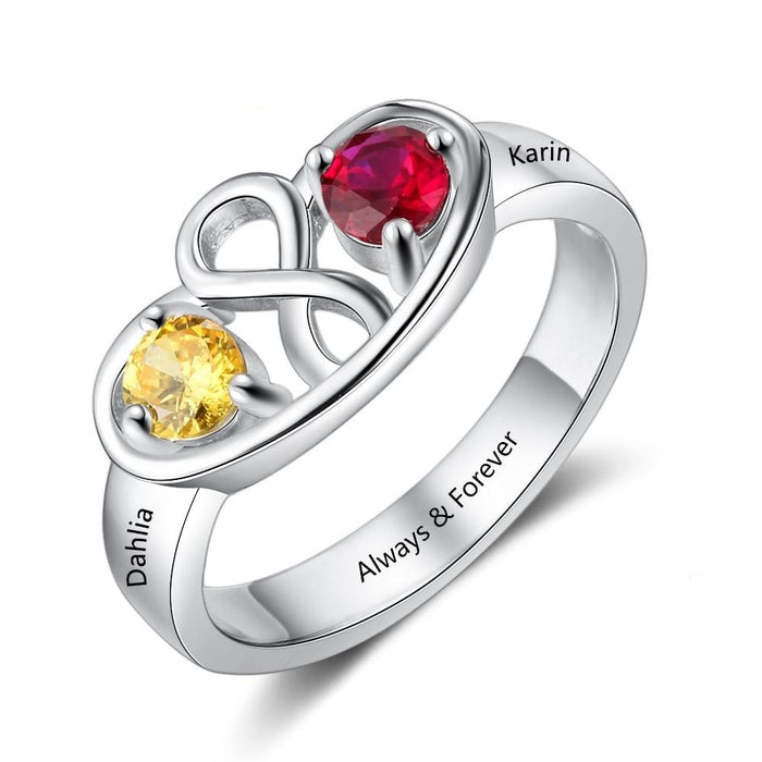Personalized Infinity Ring with 2 Birthstones Custom Name 925 Sterling Silver Promise Rings for Women Gift