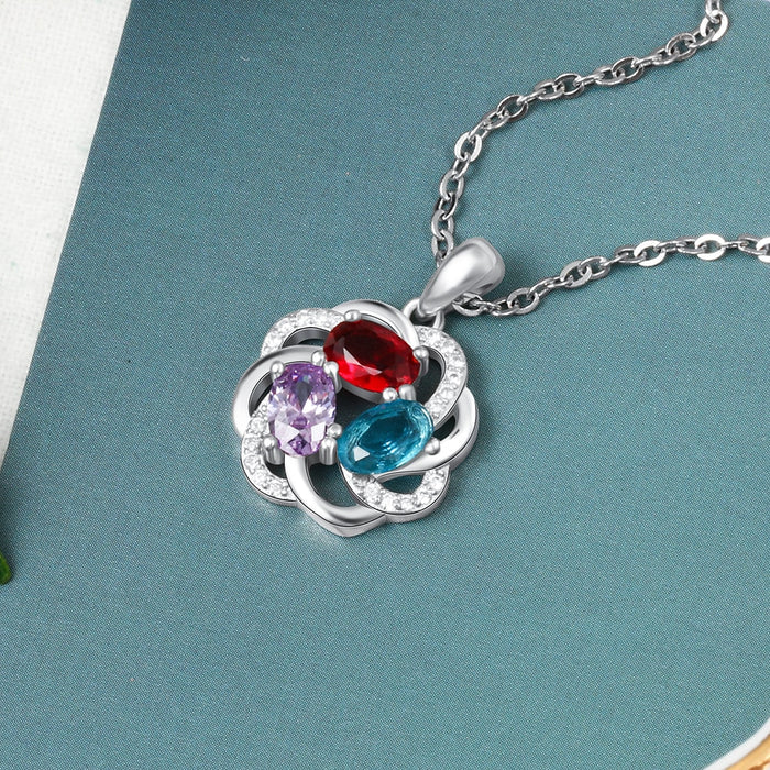 Personalized 3 Oval Birthstones Necklaces Flower Pendant