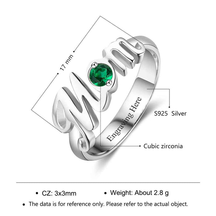 Word "Mom" Shape Personalized Gift For Mother Birthstone Rings For Women 925 Sterling Silver Jewelry