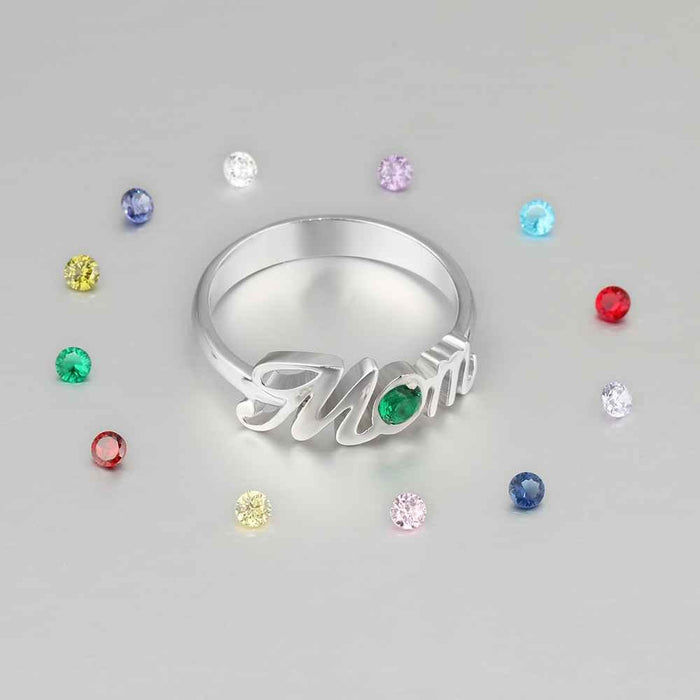 Word "Mom" Shape Personalized Gift For Mother Birthstone Rings For Women 925 Sterling Silver Jewelry