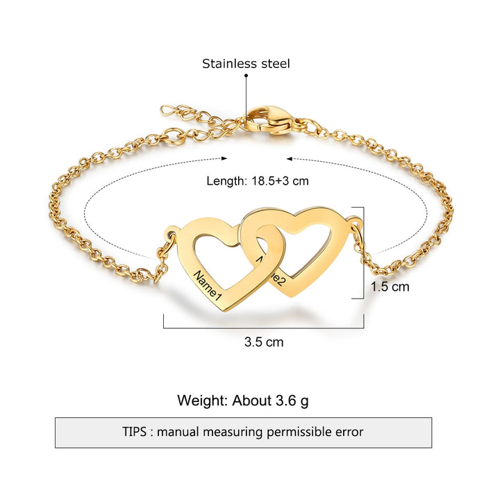 Personalized Intertwined Heart Bracelets with 2 Custom Names Customized Stainless Steel Engraved Bracelets & Bangles
