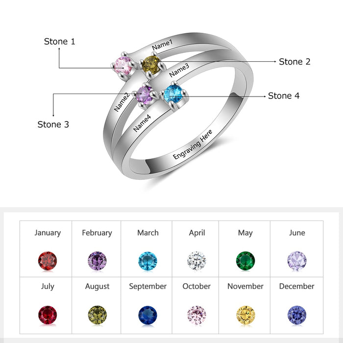 4 Names & Birthstone Personalized Ring For Women
