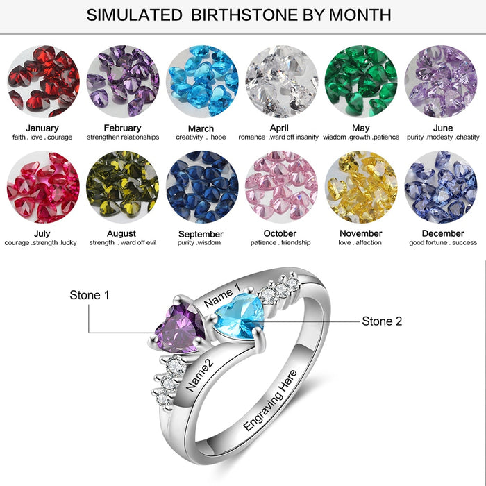 Personalized Ring With 2 Cordate Birthstone