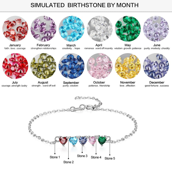 Personalized 5 Heart-Shape Birthstones Adjustable Chain Bracelets
