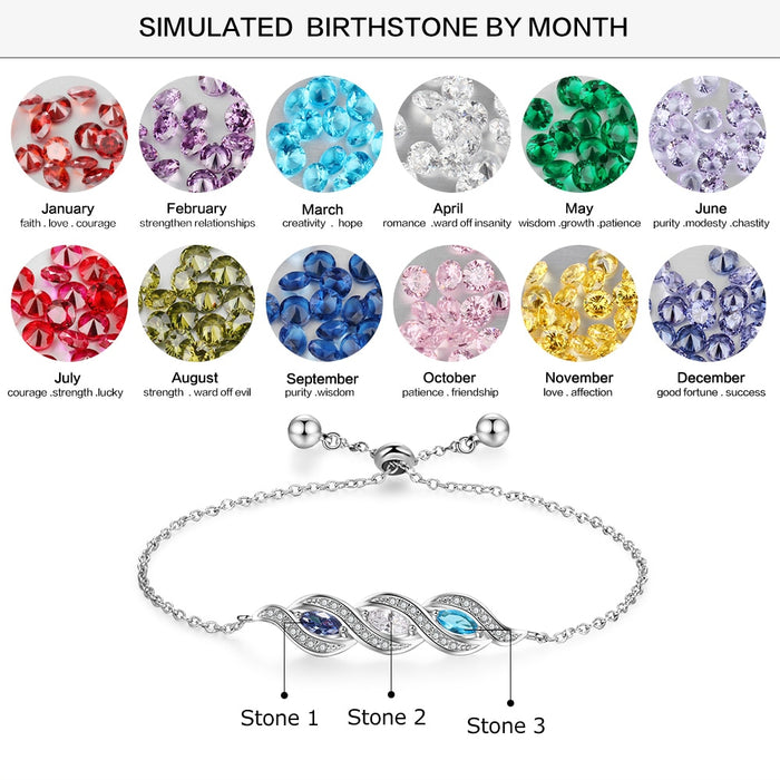Personalized 3 Birthstones Adjustable Bracelets