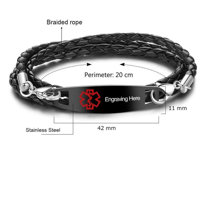 Personalized Black Rope Medical Alert ID Bracelets For Men