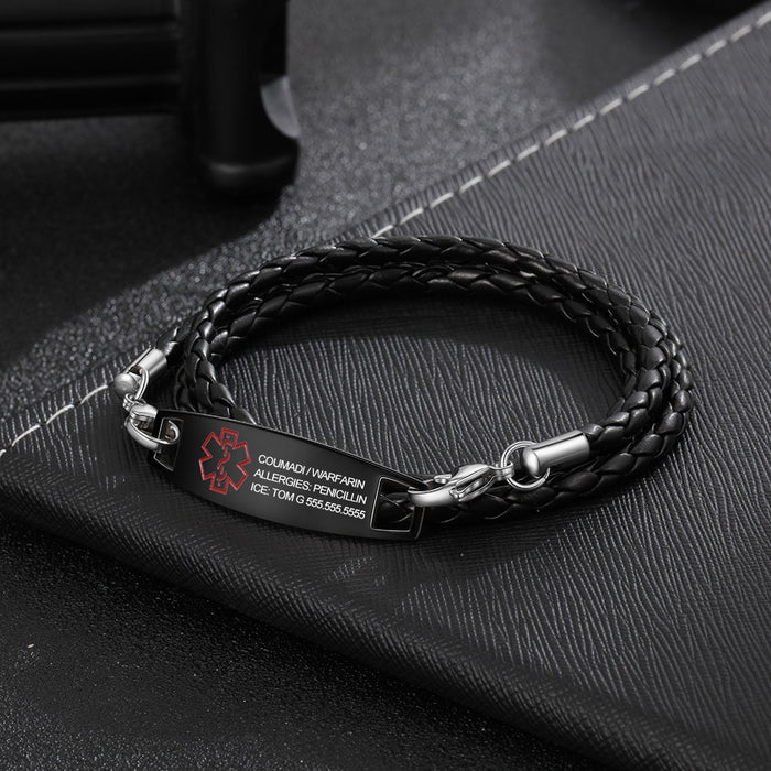 Personalized Black Rope Medical Alert ID Bracelets For Men