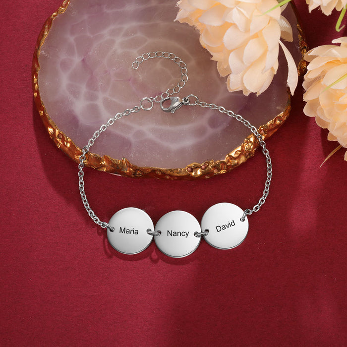 Personalized Stainless Steel Round Discs Engraved Bracelets for Women Customized 3 Names Friendship Bracelets & Bangles