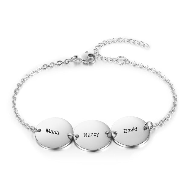 Personalized Stainless Steel Round Discs Engraved Bracelets for Women Customized 3 Names Friendship Bracelets & Bangles