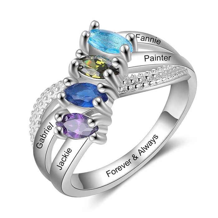 Personalized Family Name Engraved Rings for Women Customized 4 Birthstones Silver Color Copper Ring Anniversary Gifts