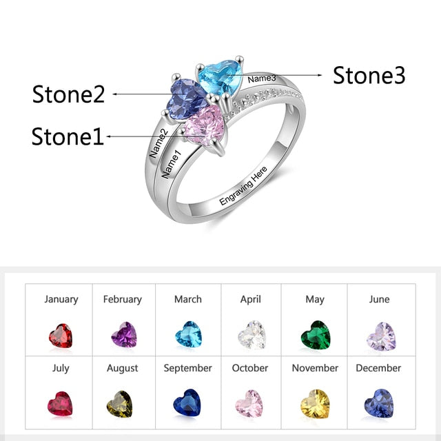 Customized Mother Ring with 3 Heart Birthstones Personalized Silver Color Copper Name Engraved Rings for Women Gifts