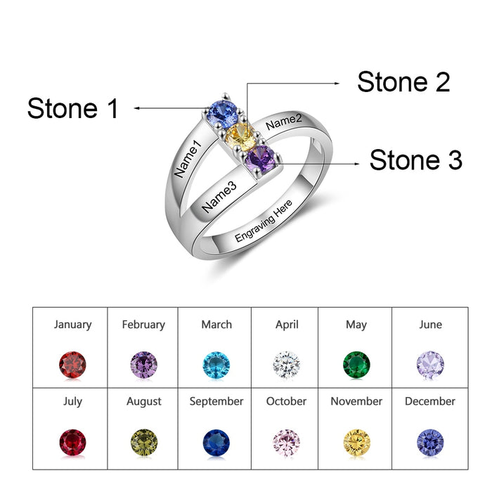 Personalized Silver Color Name Engraved Ring Customized 3 Birthstones Copper Rings for Women Mother Daughters Gifts