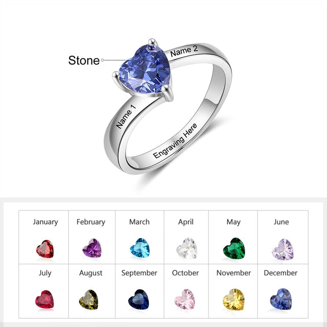 Personalized Name Engraved Silver Color Copper Ring Customized Heart Birthstone Rings for Women Birthday Couple Gifts