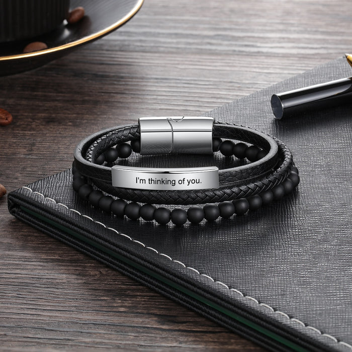 Personalized Multi-layer Black Leather Beaded Bracelets