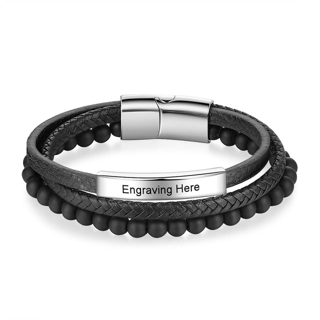 Personalized Multi-layer Black Leather Beaded Bracelets