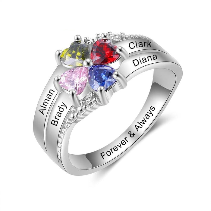 Customized Family Name Mothers Ring with 4 Heart Birthstones Silver Color Personalized Engraved Rings for Women Gifts